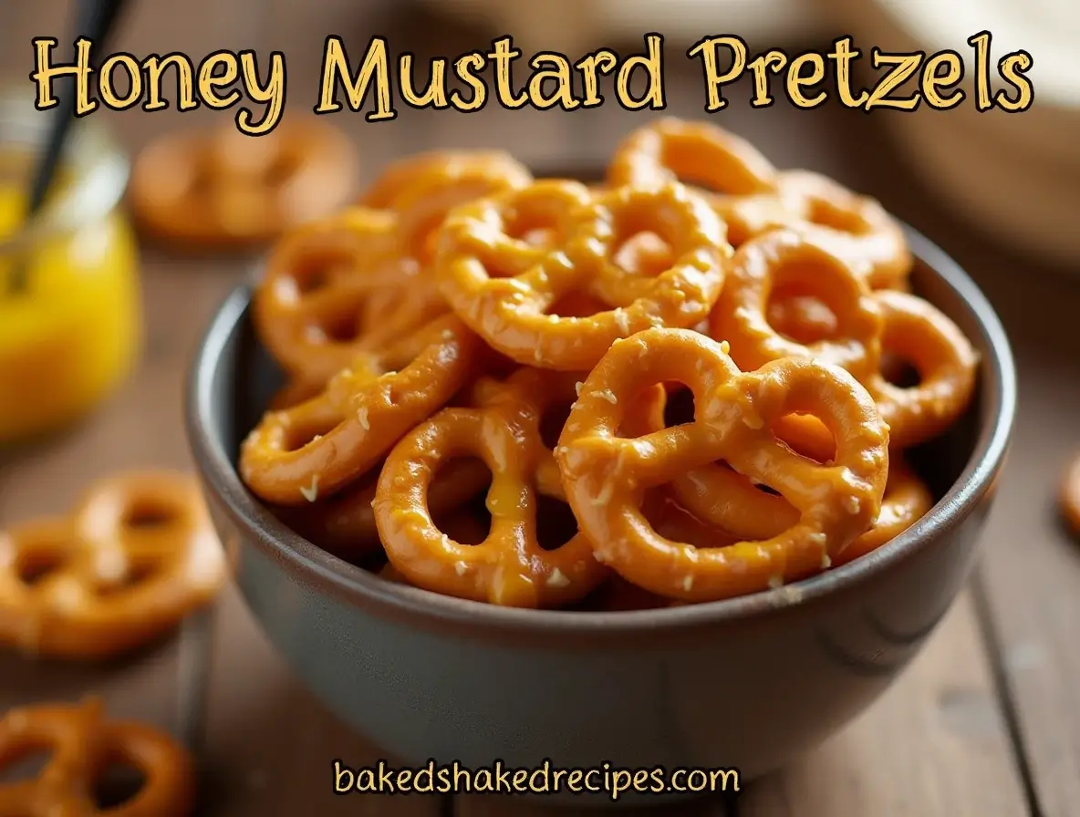 A bowl of golden honey mustard pretzels with a shiny glaze, accompanied by a jar of honey and mustard on a rustic wooden table.