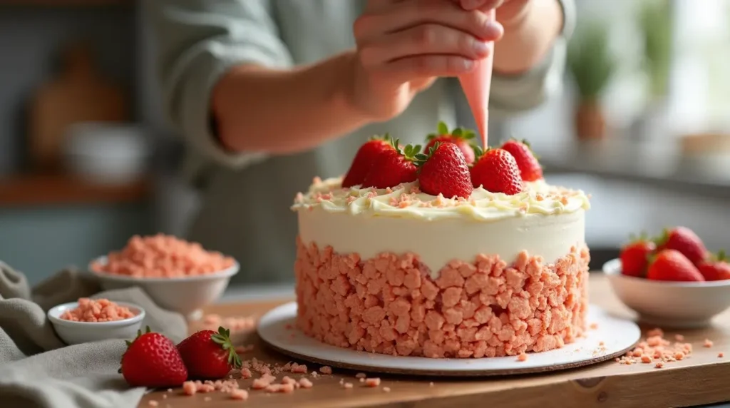 Decorating a strawberry crunch cake with frosting and fresh strawberries on a wooden countertop, surrounded by ingredients like crushed topping and strawberries.