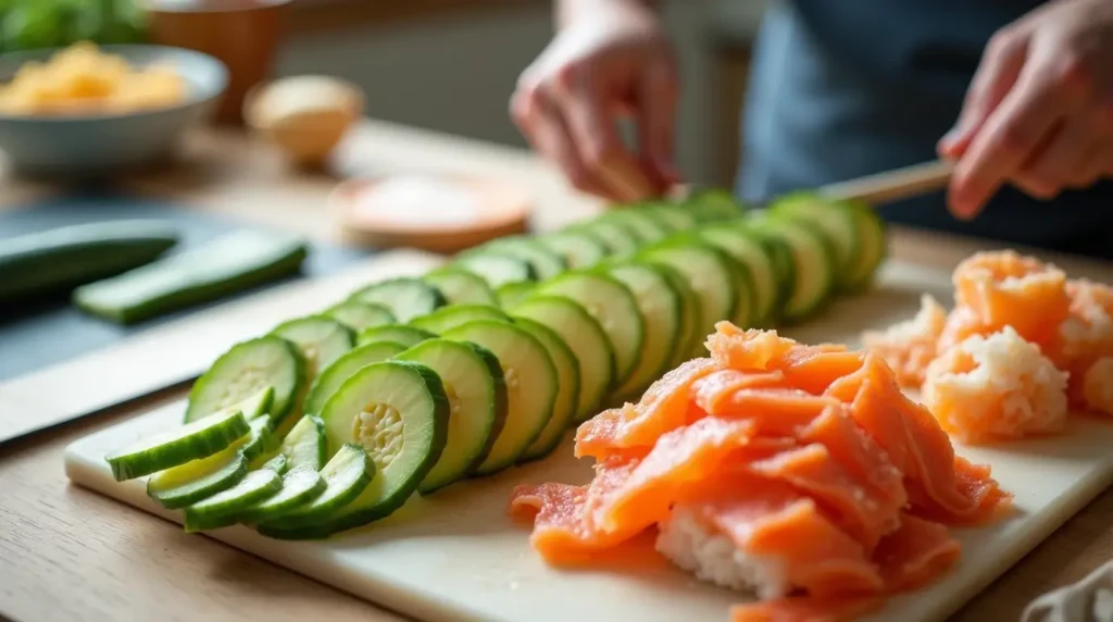 Fresh ingredients for crunchy roll sushi preparation: sliced cucumber, avocado, crab sticks, and tempura flakes arranged on a kitchen counter with a sushi rolling mat and knife.