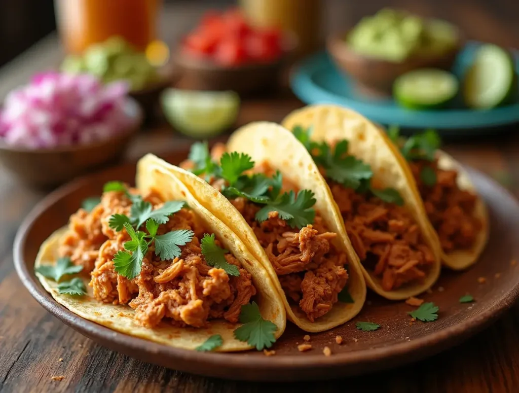 Shredded chicken tacos with fresh toppings like cilantro, tomatoes, and guacamole, served on soft tortillas with lime wedges on a rustic wooden table.