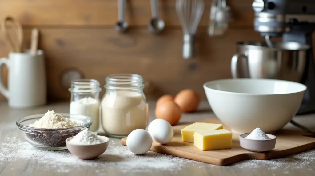 Ingredients and equipment for chocolate chip brioche arranged on a kitchen counter, featuring flour, sugar, chocolate chips, butter, eggs, and a stand mixer.