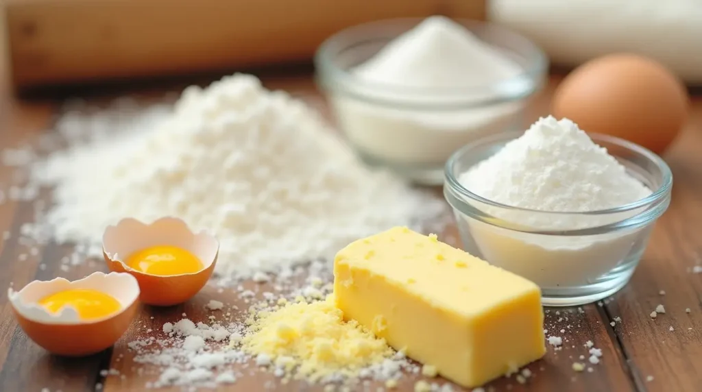 Main baking ingredients: flour, sugar, eggs, and butter arranged on a wooden surface.