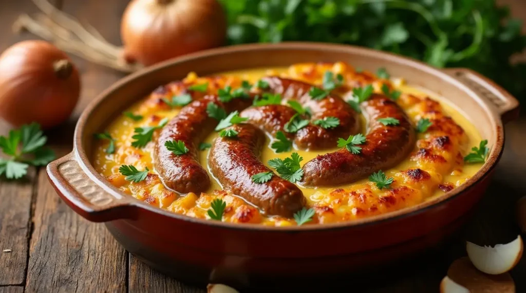 A close-up view of a beef sausage and potato casserole in a rustic baking dish, garnished with fresh parsley, placed on a wooden table.