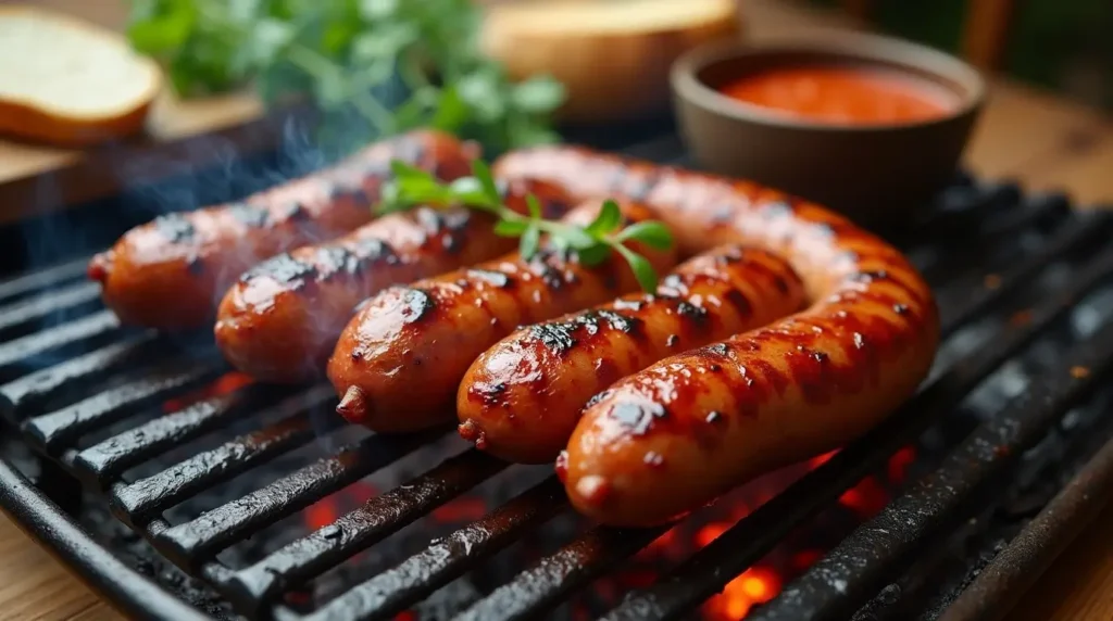 Grilled Andouille sausages with smoky marinade, charred to perfection on a barbecue grill, surrounded by smoke and served with dipping sauce and bread.