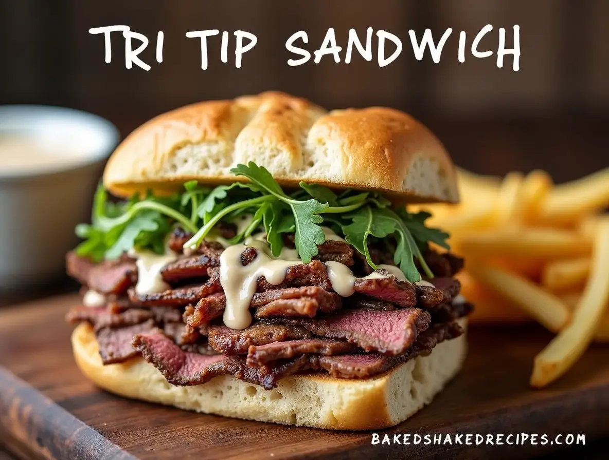 A close-up of a tri tip sandwich with juicy steak slices, caramelized onions, arugula, and garlic aioli on toasted ciabatta bread, served with French fries on a wooden board.