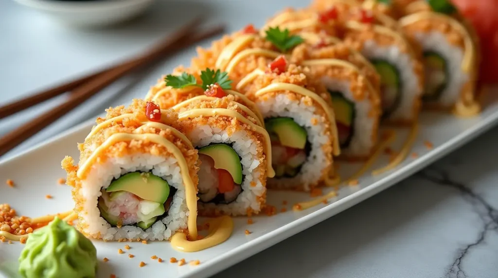 Beautifully presented platter of crunchy roll sushi with tempura flakes, avocado, cucumber, and spicy mayo, garnished with pickled ginger, wasabi, and sesame seeds, served on a wooden table with chopsticks and soy sauce.