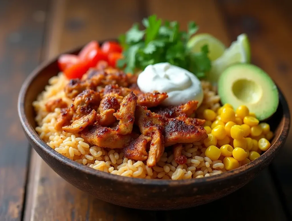 A smoky chicken taco bowl with shredded chicken, rice, fresh toppings, and garnishes on a rustic wooden table.