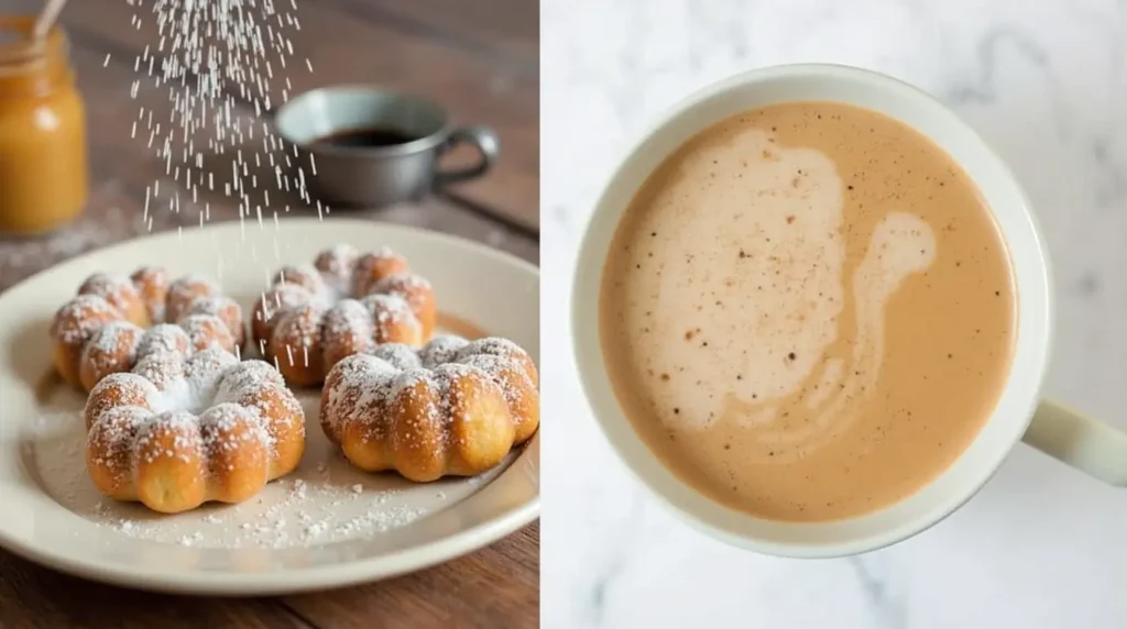 A delicious dessert dusted with powdered sugar served next to a hot cup of coffee, on a rustic wooden table.