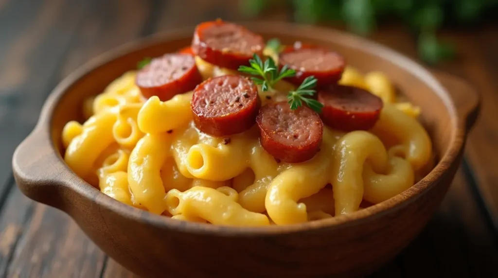 A delicious serving of spicy sausage mac and cheese in a rustic bowl, topped with slices of sausage and fresh herbs, placed on a wooden table.