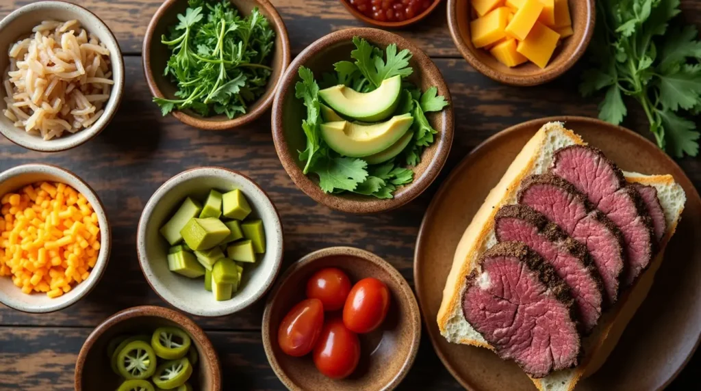 A vibrant spread of optional toppings for a tri tip sandwich, including caramelized onions, arugula, pickles, sliced avocados, cheddar cheese, and jalapeños, displayed on a rustic wooden table.