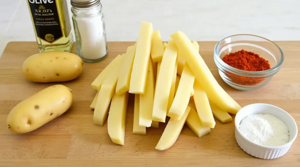 Main ingredients for potato sticks: potatoes, olive oil, paprika, garlic powder, and salt.