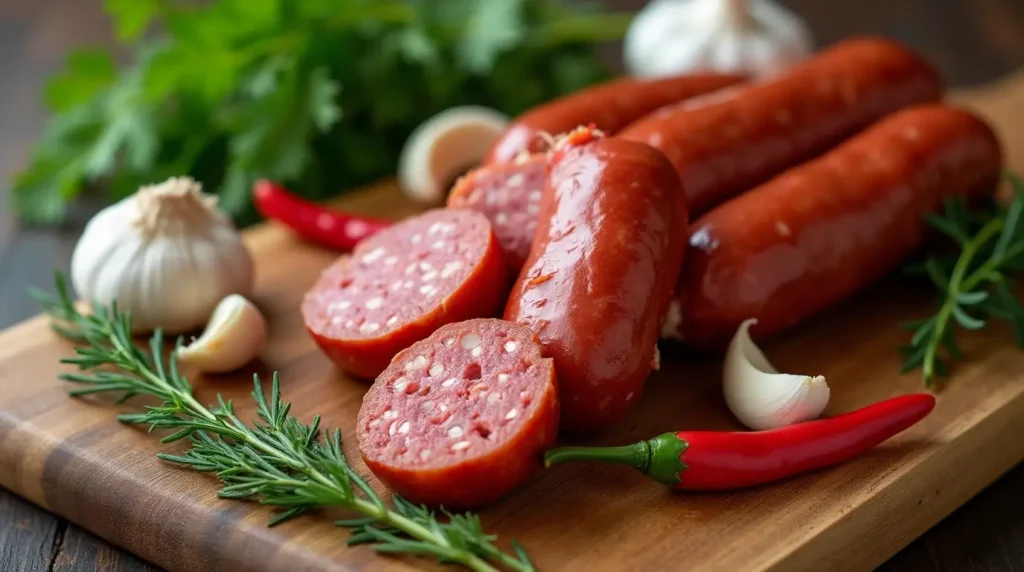 Pickled Sausage: 5 Simple Steps for the Perfect Homemade Snack 3 Optional add-ons for extra flavor: garlic, peppers, and herbs arranged on a rustic wooden board.