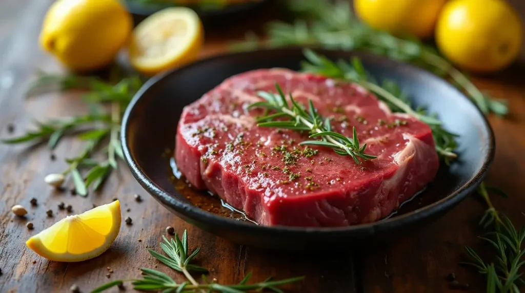 Raw tri tip steak marinating in a bowl with olive oil, garlic, smoked paprika, and fresh herbs on a rustic wooden table.