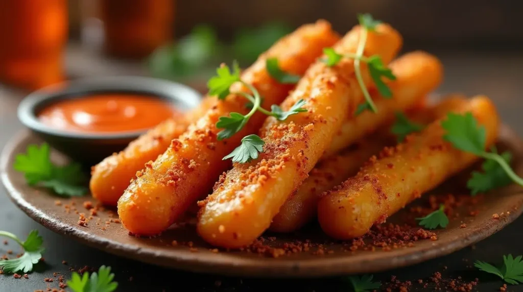 Plate of crispy spicy potato sticks seasoned with chili, paprika, and garlic, served with a dipping sauce and garnished with fresh herbs.