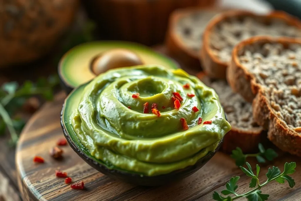 Freshly made avocado spread on whole grain bread with red pepper flakes and herbs