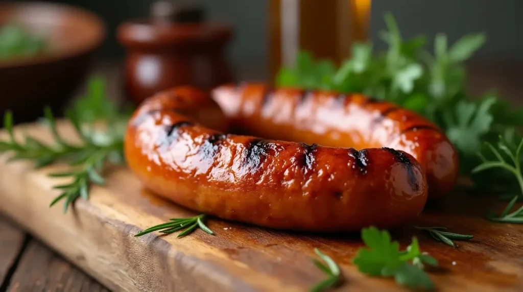 Pickled Sausage: 5 Simple Steps for the Perfect Homemade Snack 4 Freshly cooked or smoked sausages on a wooden cutting board with herbs and a rustic kitchen background.