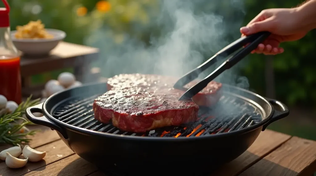 A smoking grill with a perfectly cooked tri tip steak surrounded by fresh ingredients like rosemary, garlic, and BBQ sauce in a cozy backyard barbecue setting.