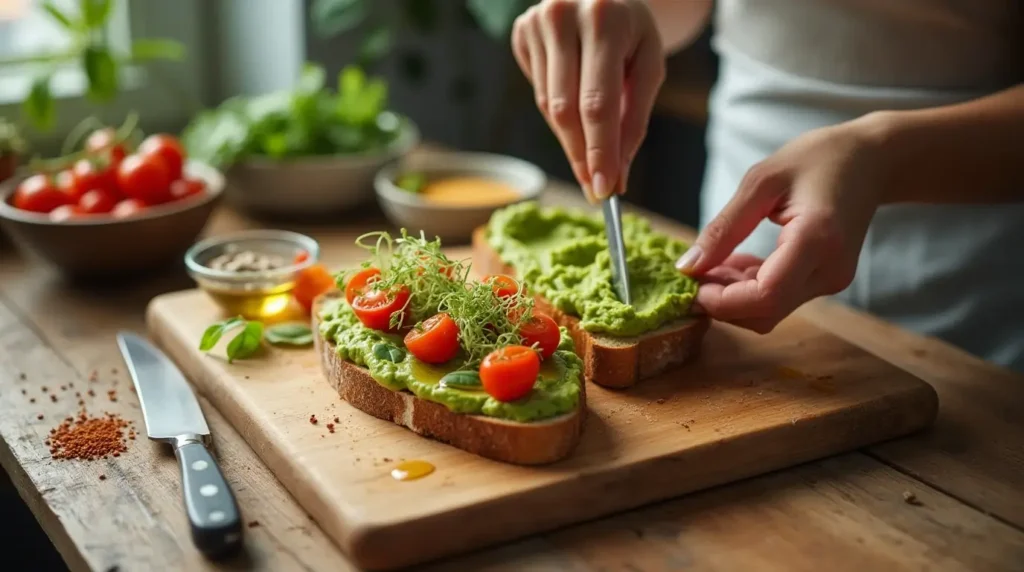 Assembling avocado spread with fresh toppings like cherry tomatoes, sprouts, and chili flakes on toast.