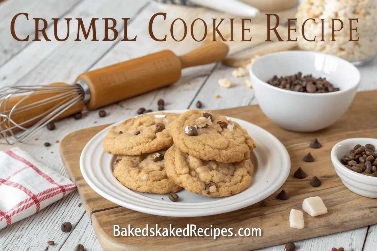 A plate of homemade Crumbl cookies styled with baking tools and ingredients in the background, showcasing their thick and chewy texture with chocolate chips and sprinkles.