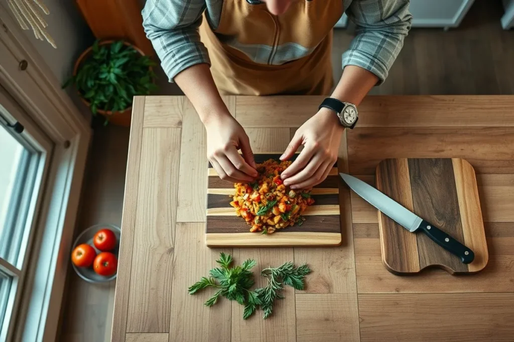 A photo of a person assembling a dish in a kitchen with fresh ingredients and cooking utensils.