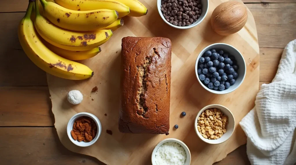 Optional add-ins for banana bread displayed in small bowls, including chocolate chips, walnuts, blueberries, raisins, cinnamon, and coconut, with a freshly baked loaf in the center.