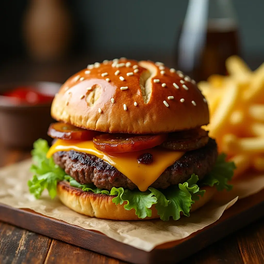 A gourmet burger with a juicy beef patty, melted cheese, lettuce, tomatoes, and caramelized onions served on a golden Kaiser roll, with fries and ketchup on the side.