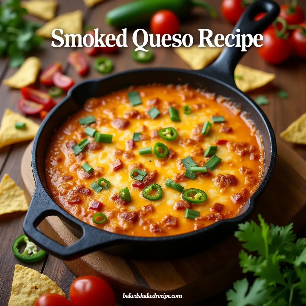 A mouthwatering smoked queso recipe served in a rustic cast-iron skillet, topped with fresh herbs, diced jalapeños, and tomatoes, surrounded by tortilla chips on a wooden table.