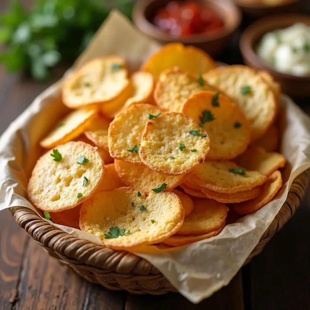 Thinly sliced Kaiser roll chips, baked to a golden crisp, served in a basket with dips like guacamole, hummus, and salsa.