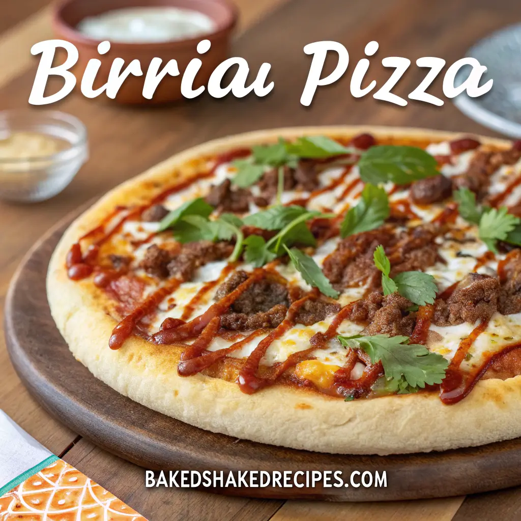 Delicious birria pizza topped with slow-cooked birria meat, melted cheese, and fresh cilantro on a rustic wooden table.