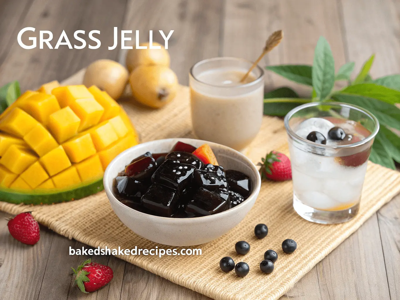 Bowl of dark, shiny grass jelly cubes surrounded by fresh fruits, with a glass of grass jelly drink beside it. Title 'Grass Jelly' at the top and website name 'bakedshakedrecipes.com' at the bottom.