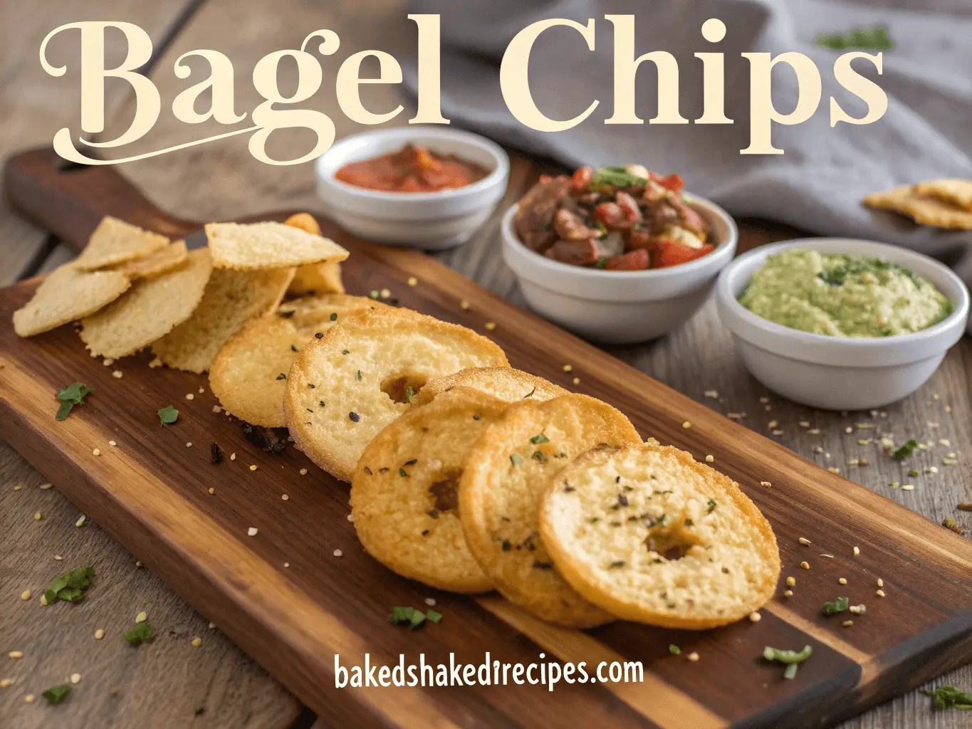 A rustic presentation of golden-brown bagel chips with a variety of dips, including hummus, guacamole, and salsa, on a wooden board.