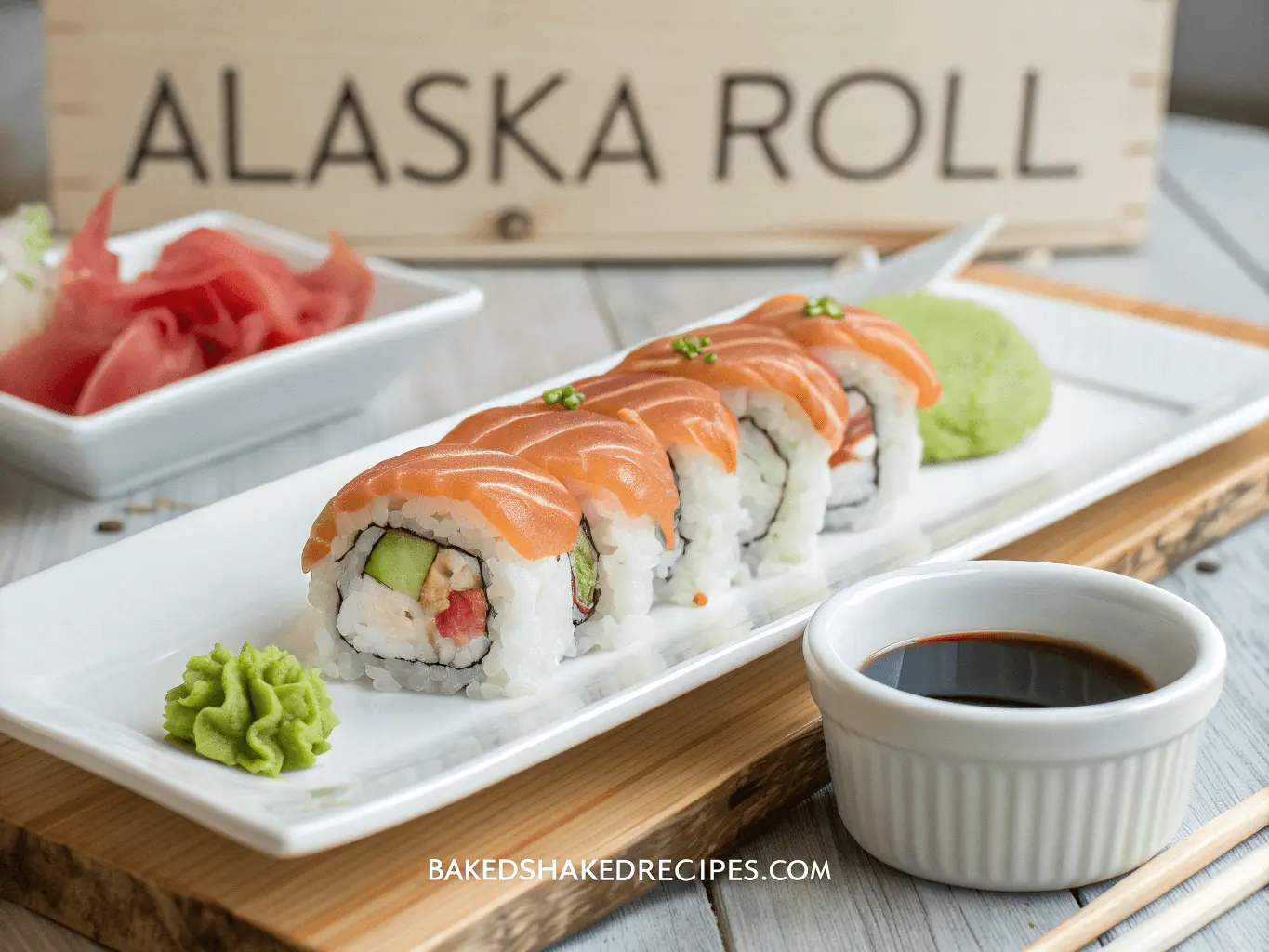 A beautifully plated Alaska Roll with fresh salmon, avocado, and sushi rice, served with soy sauce, wasabi, and pickled ginger on a white dish, set on a wooden sushi counter.