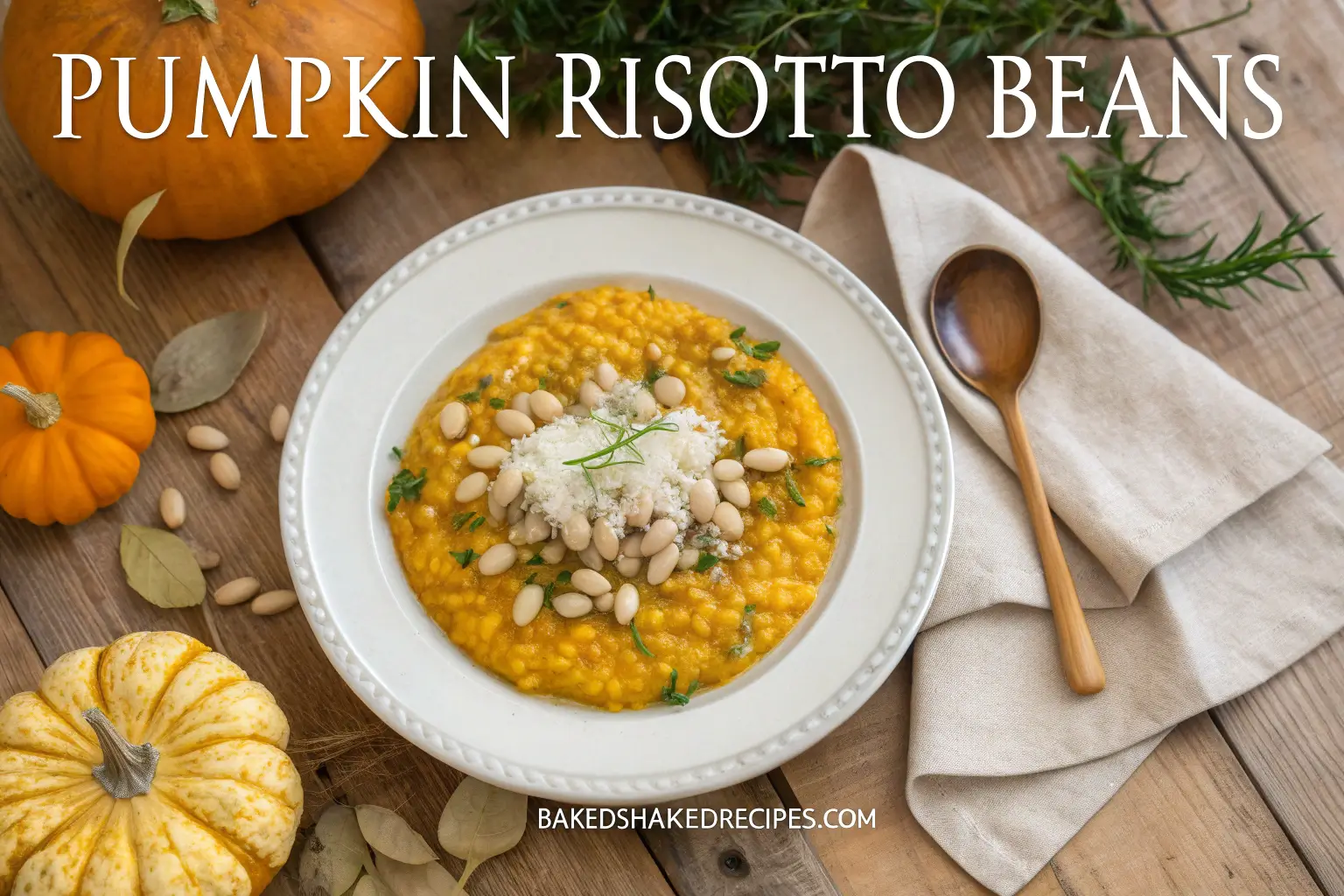 A creamy plate of pumpkin risotto beans garnished with Parmesan cheese, fresh thyme, and a drizzle of olive oil, served on a rustic table with autumn decor.