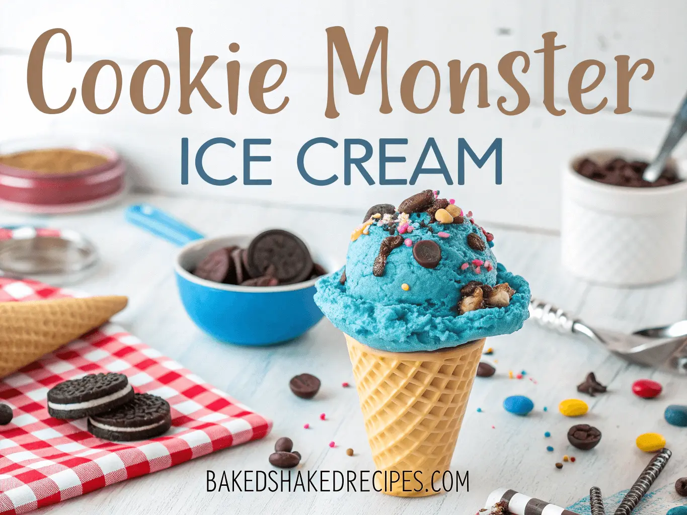 A vibrant scoop of Cookie Monster Ice Cream, bright blue in color, topped with crumbled chocolate chip cookies and Oreos, served in a waffle cone, with the title "Cookie Monster Ice Cream" on top and "bakedshakedrecipes.com" at the bottom.