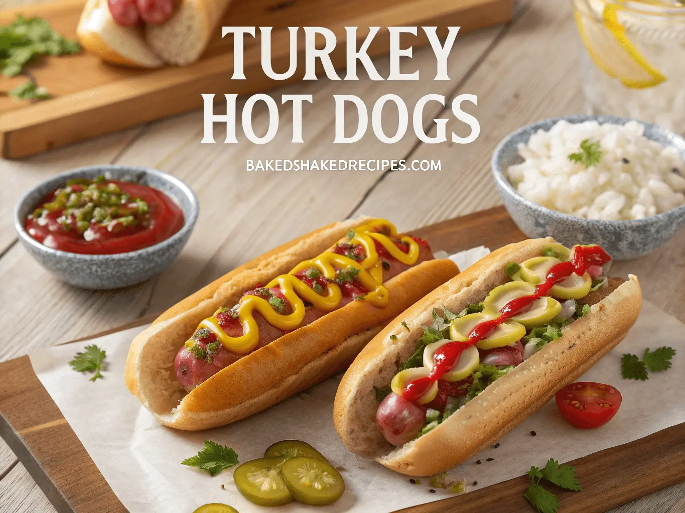 Generate a high-quality image of turkey hot dogs displayed on a rustic wooden table. Include several hot dogs in toasted buns, garnished with vibrant toppings such as mustard, ketchup, diced onions, pickles, and fresh parsley. Place a side dish of coleslaw and a glass of lemonade nearby to create a complete meal setting. Ensure the scene is well-lit with natural light and has a cozy, inviting feel. Add the title "Turkey Hot Dogs" at the top center of the image in bold, clean font, and place the website name "bakedshakedrecipes.com" subtly at the bottom center.