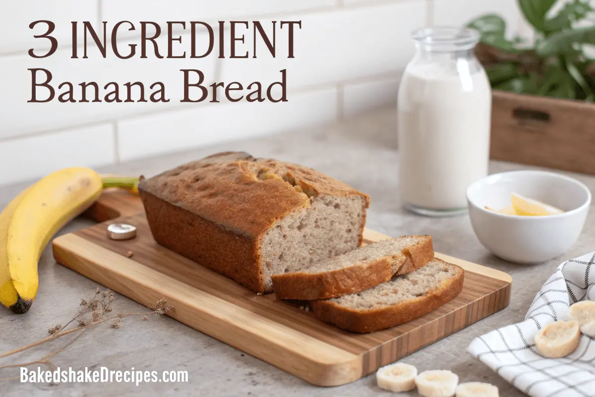 A loaf of 3 ingredient banana bread on a wooden cutting board, surrounded by a cozy kitchen setting, with the text "3 Ingredient Banana Bread" at the top and "bakedshakedrecipes.com" at the bottom.