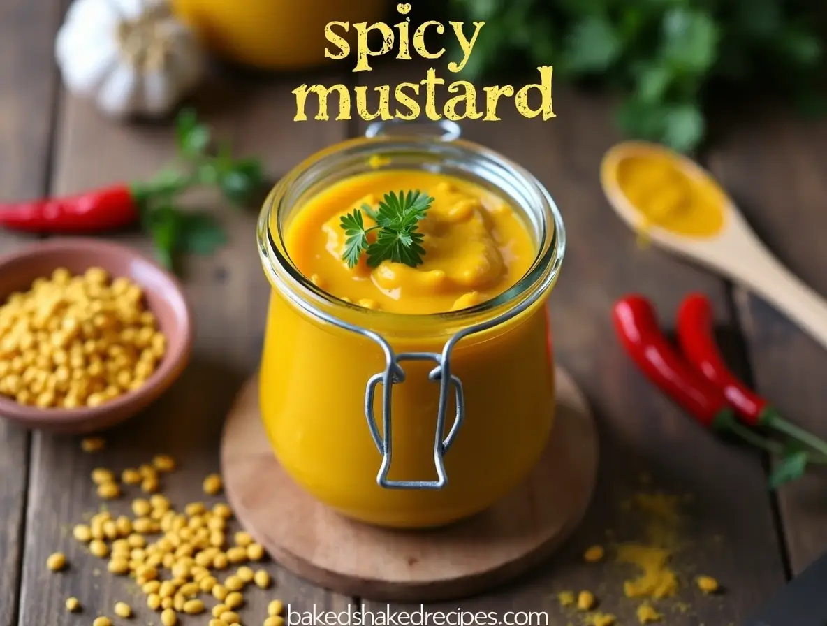 A jar of golden spicy mustard on a rustic wooden table, surrounded by mustard seeds, garlic, red chili peppers, and fresh herbs.