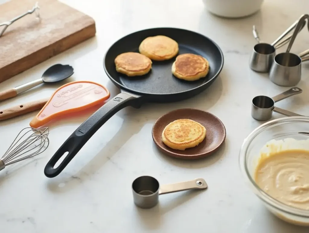 Essential tools for making perfect mini pancakes, including a non-stick pan with mini pancakes, whisk, measuring cups, ladle, spatula, and pancake batter in a bowl on a clean kitchen countertop.