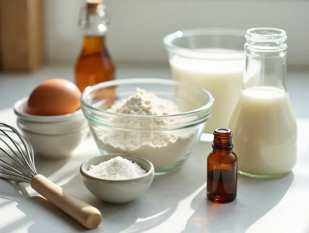 Essential ingredients for fluffy mini pancakes including flour, egg, milk, sugar, baking powder, and vanilla extract on a kitchen counter.