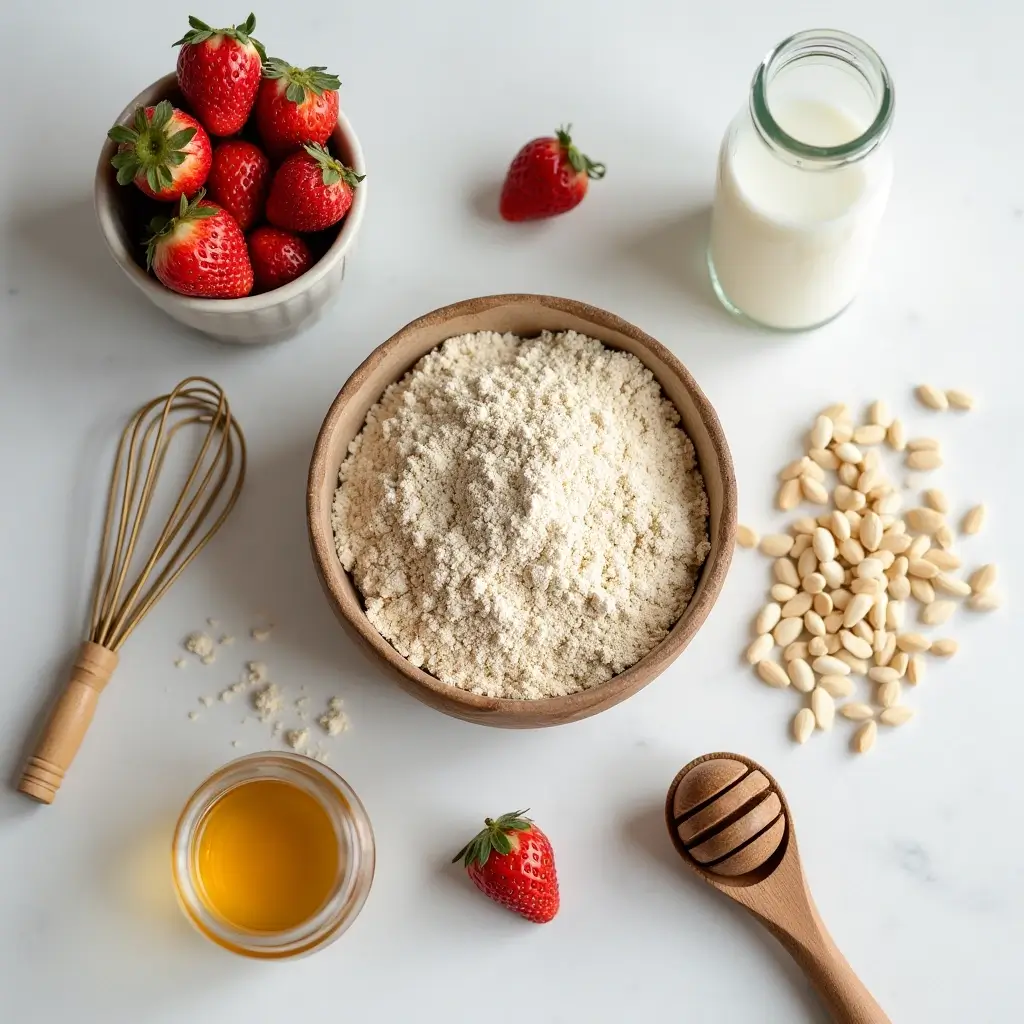 Ingredients for low-calorie strawberry waffles, including fresh strawberries, whole-grain flour, almond milk, honey, a whisk, and a wooden spoon on a white countertop.