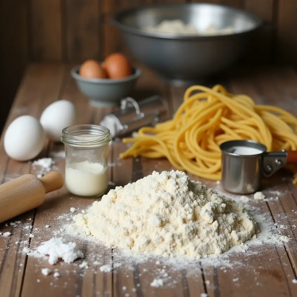 Essential ingredients for homemade noodles, including gluten-free flour, eggs, xanthan gum, a rolling pin, and a pasta cutter on a wooden countertop.