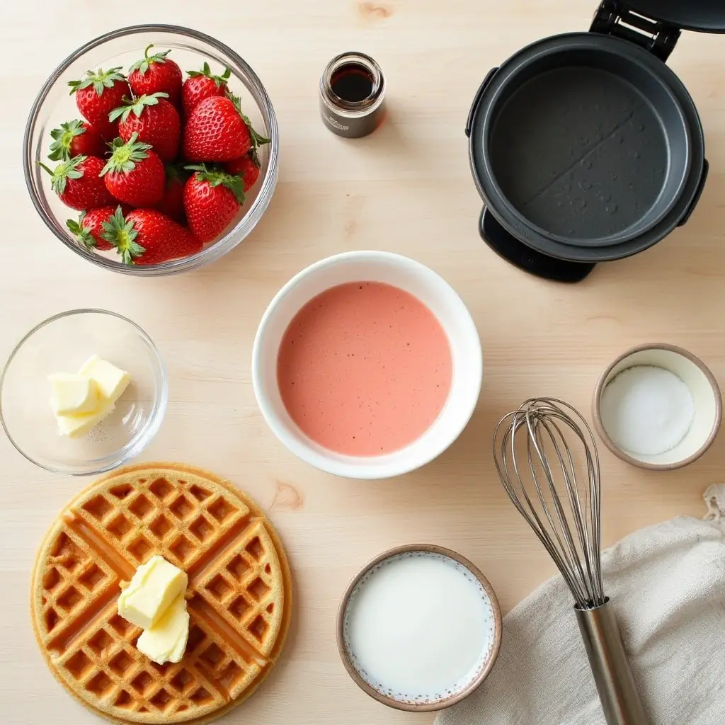 Flat-lay of ingredients for traditional strawberry waffles, including fresh strawberries, waffle batter, eggs, milk, butter, sugar, vanilla extract, and a waffle iron.