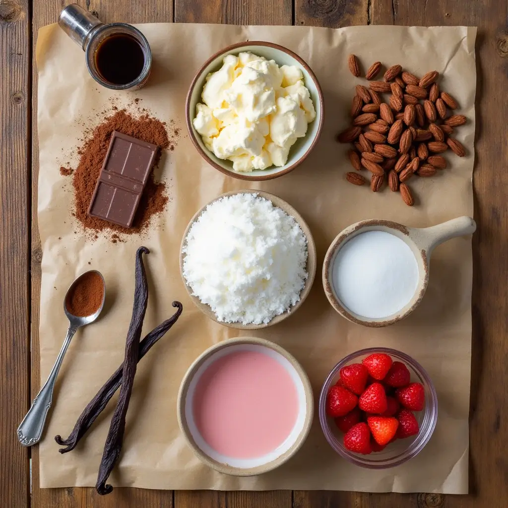 A flat-lay of Neapolitan ice cream ingredients, featuring cocoa powder, vanilla beans, and fresh strawberries on a rustic wooden surface.