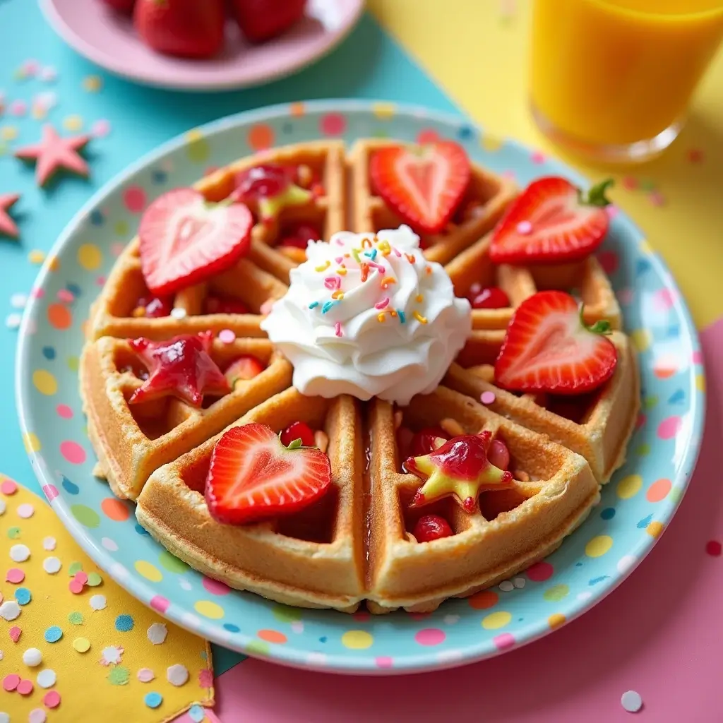 Heart- and star-shaped strawberry waffles for kids, topped with fresh strawberries, whipped cream, and colorful sprinkles on a playful, colorful table setting.