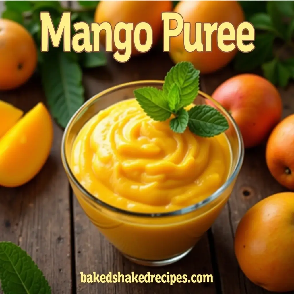 A bowl of golden mango puree surrounded by fresh mangoes and slices, garnished with mint on a wooden table.