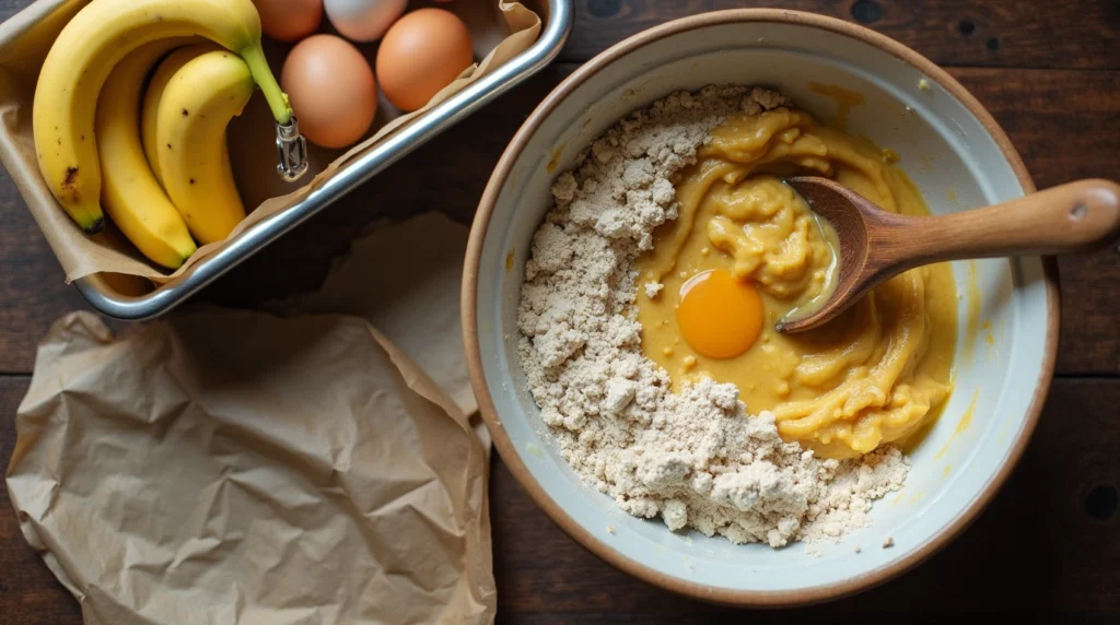 A mixing bowl with mashed bananas, flour, and eggs on a wooden kitchen countertop, alongside a wooden spoon and a loaf pan ready for baking.