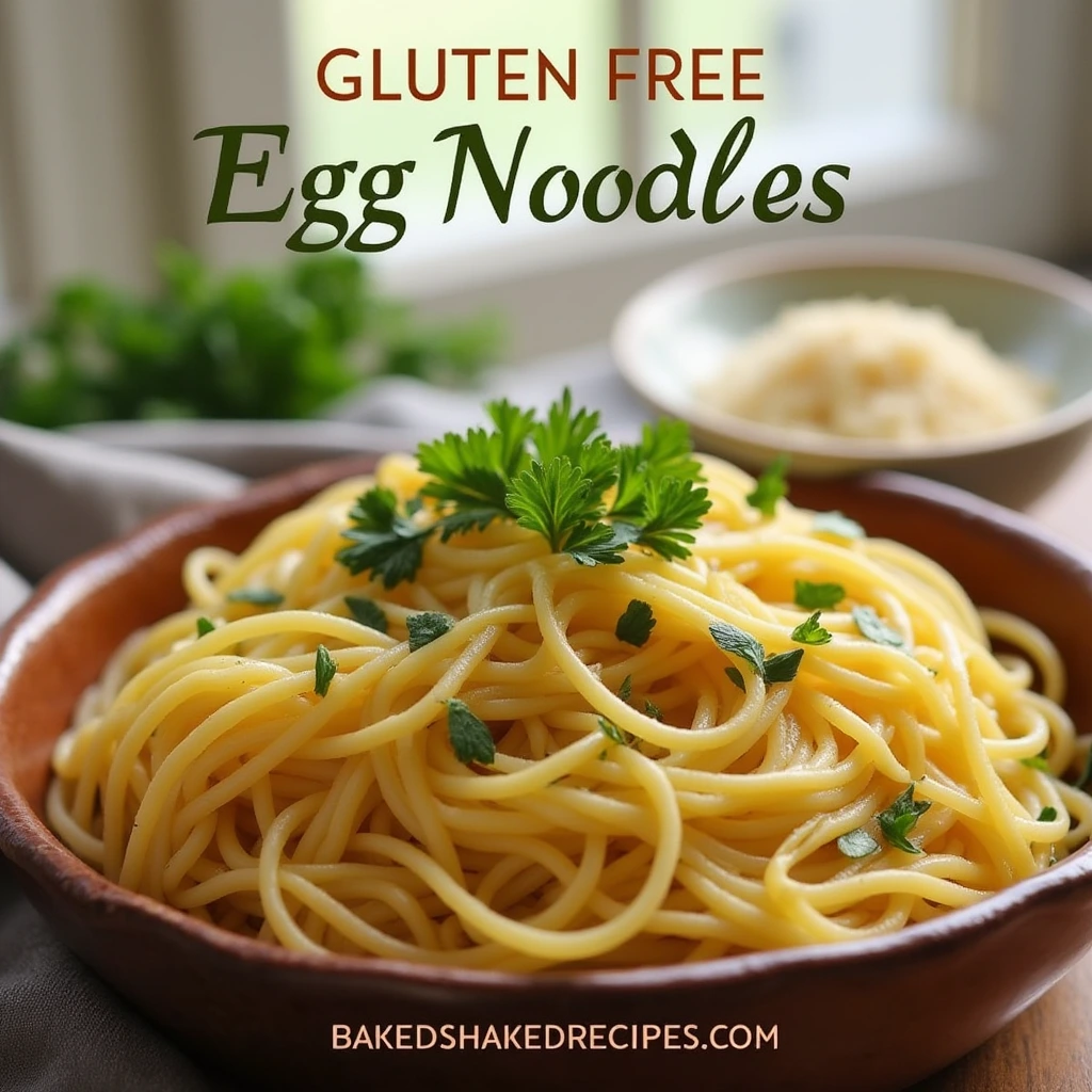 A bowl of gluten free egg noodles garnished with fresh parsley, served in a cozy kitchen setting with natural light.