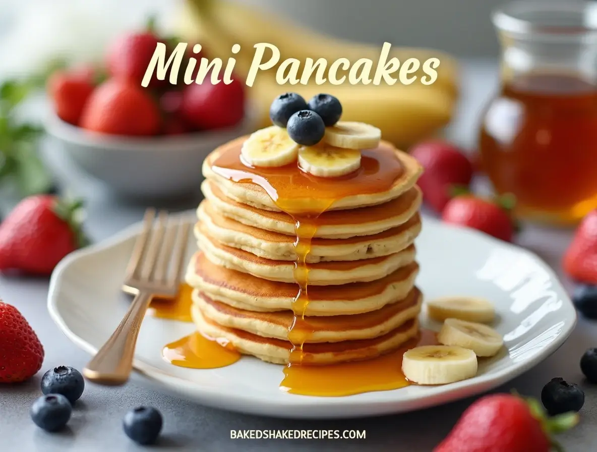 A stack of mini pancakes drizzled with syrup, garnished with fresh fruits like strawberries and blueberries, with the title "Mini Pancakes" on top and "bakedshakedrecipes.com" at the bottom.