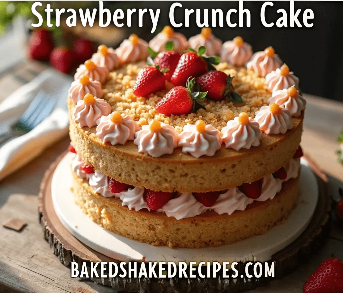 A delicious strawberry crunch cake topped with fresh strawberries and golden crumble, sitting on a rustic wooden table with natural light illuminating the dessert.