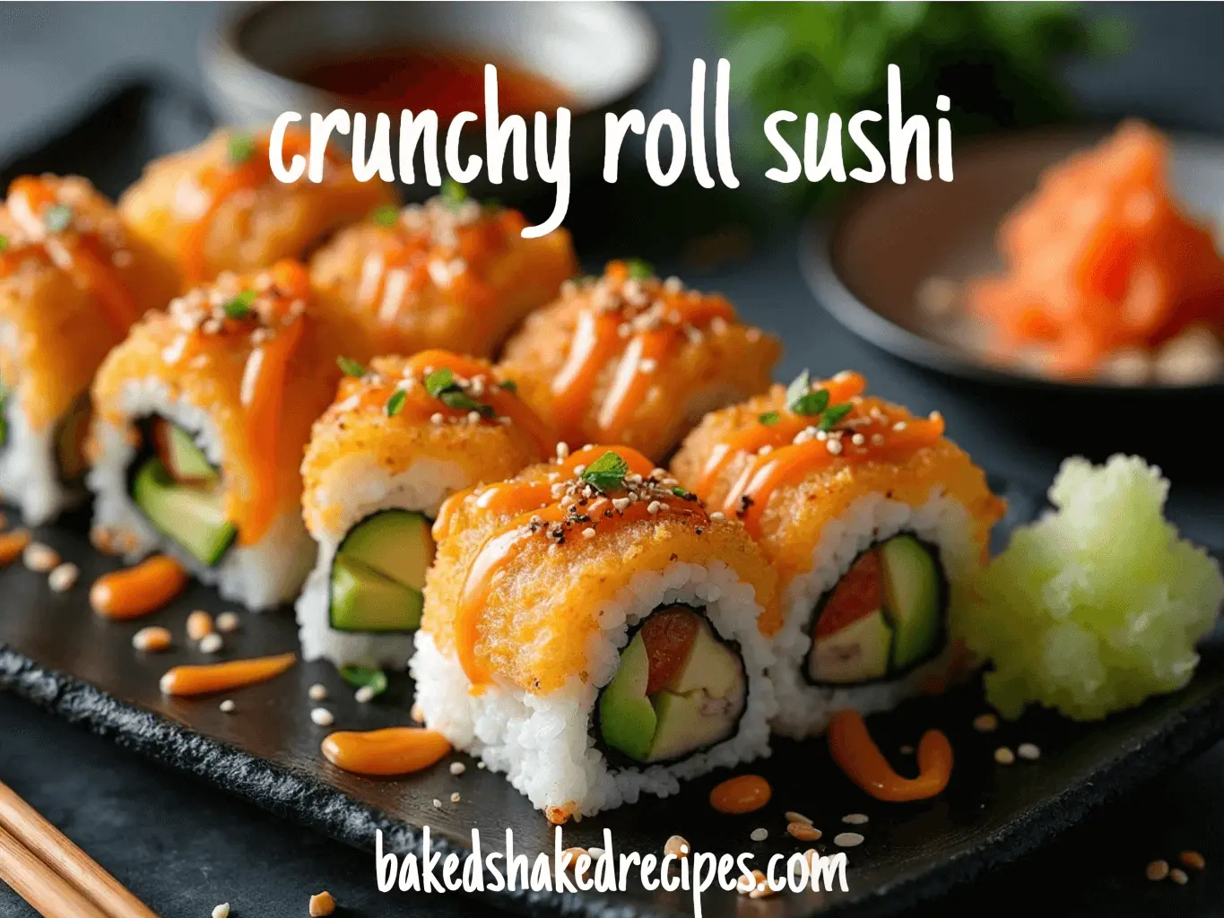 A plate of crunchy roll sushi with crispy tempura flakes, fresh avocado, and cucumber fillings, topped with spicy mayo and sesame seeds, served with chopsticks and soy sauce.